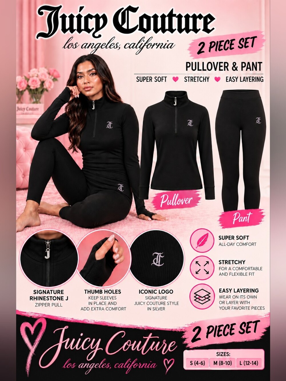 Juicy Couture Black Two-Piece Legging & Zip-Up Top Set